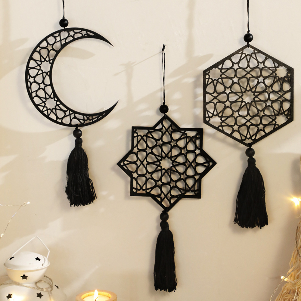 Unique Art Craft - Siyah Yıldız ve Ay Oymalı Ahşap